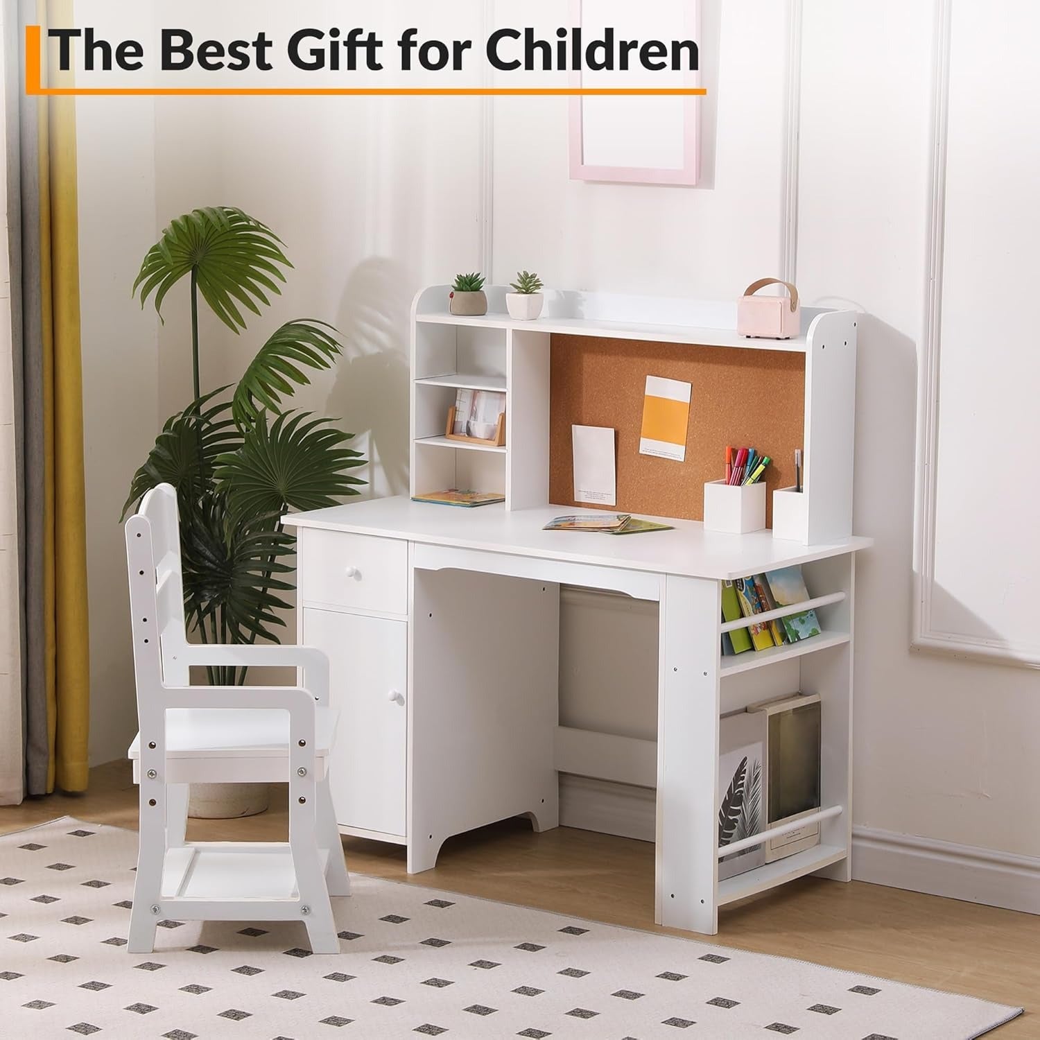 MERXENG Kids Study Desk and Chair Set - White Retro Style with Bookshelf, Bulletin Board, Cabinets & Drawer