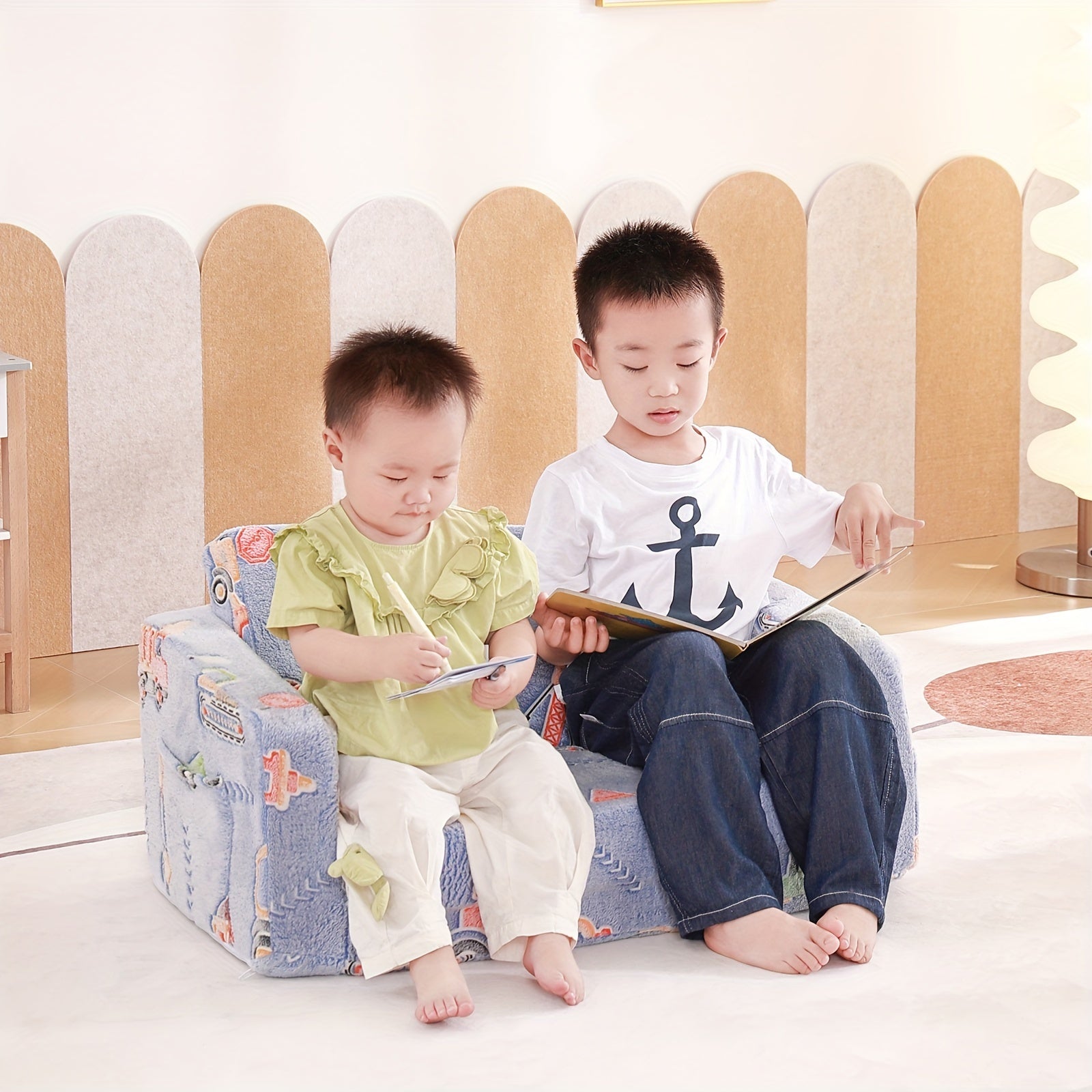 Tiita Kids Sofa Chair, 2 In 1 Toddler Fold Out Couch, Comfy Kids Sofa For Playroom-Extra Soft 2 Seats