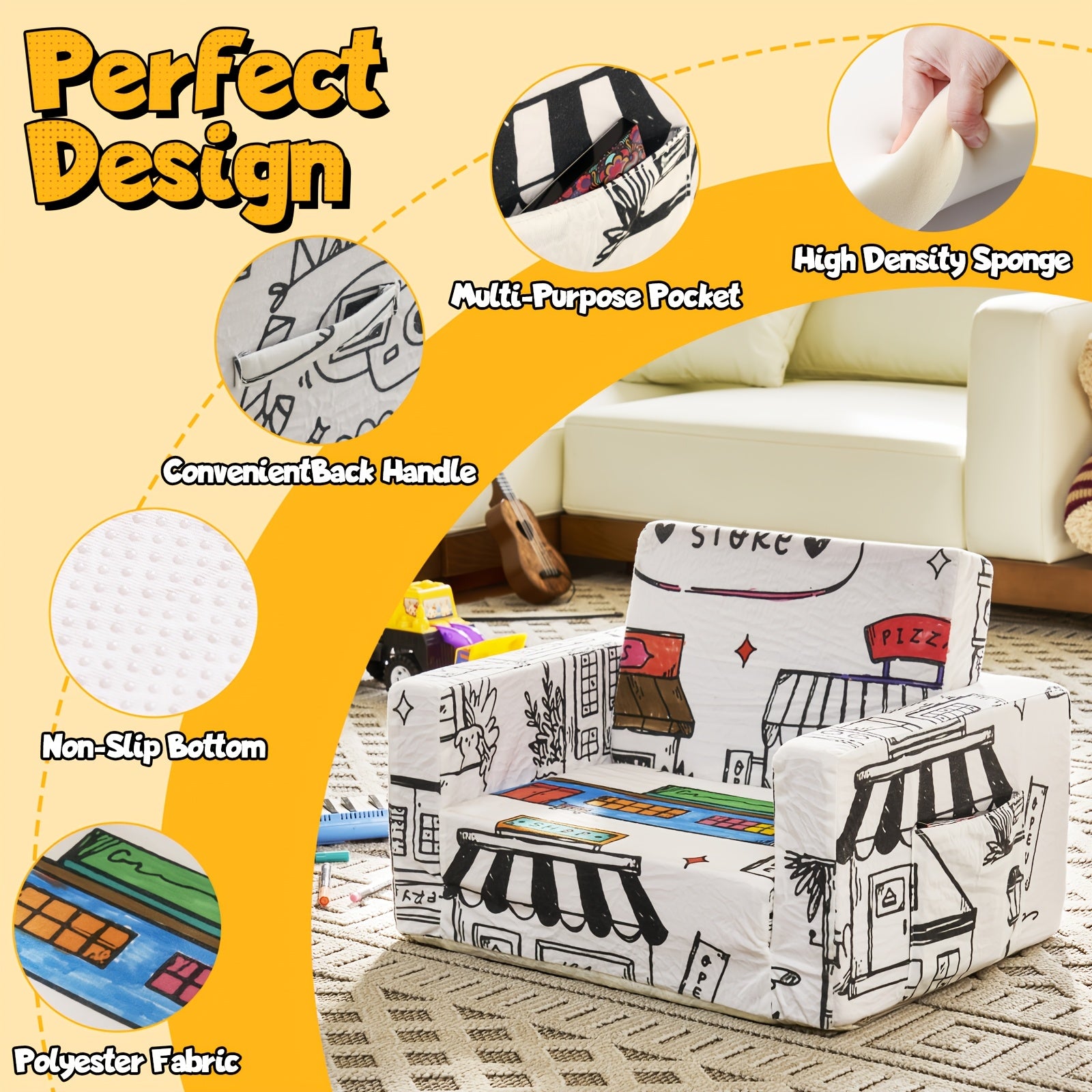 Kids Art Chair with 12 Washable Markers - Foldable Graffiti Furniture for Children, Doodle Creative Chair with Removable Cover