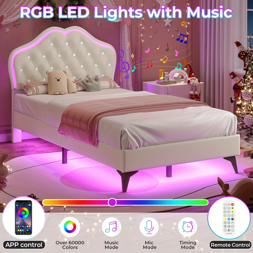 Princess Bed Frame with LED Modern Twin Size Princess Bed Frame with LED Lights Headboard & Crystal Buttons