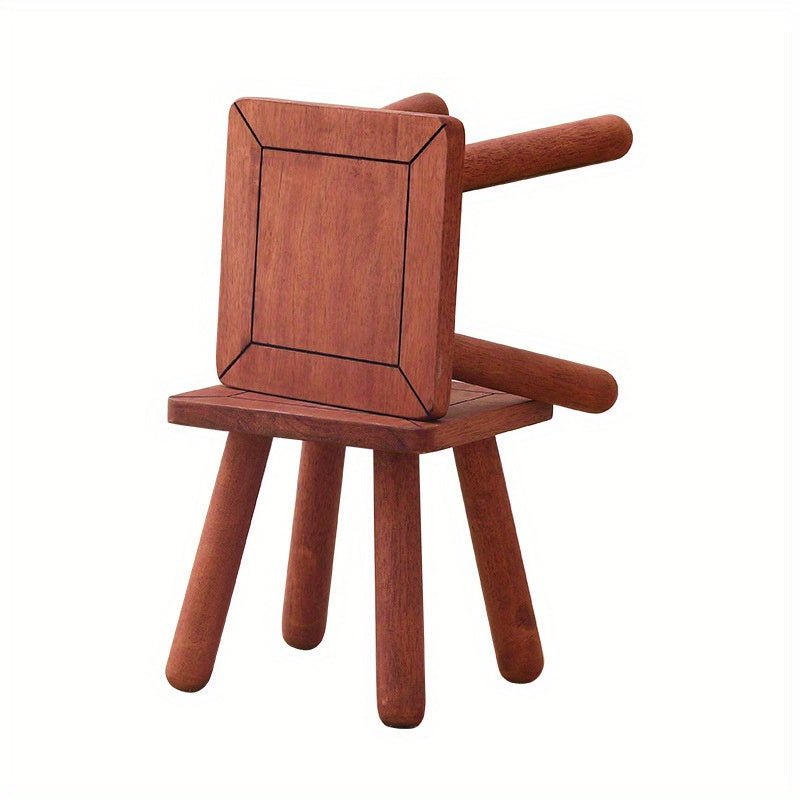 1pc Rubberwood Square Footstool - Solid Wood Compact Stool for Home & Office, Red\u002FBlack