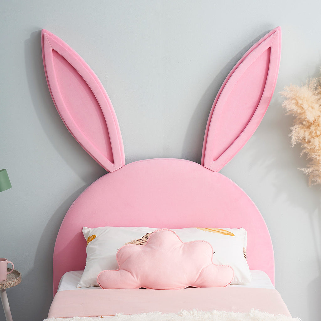 Twin Size Bed Frame with Upholstered Bunny Ears Headboard Wooden Slats Support No Boxing Spring Needed