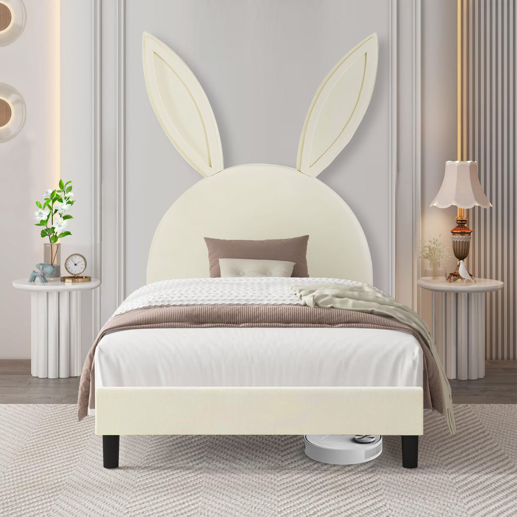 Twin Size Bed Frame with Upholstered Bunny Ears Headboard Wooden Slats Support No Boxing Spring Needed