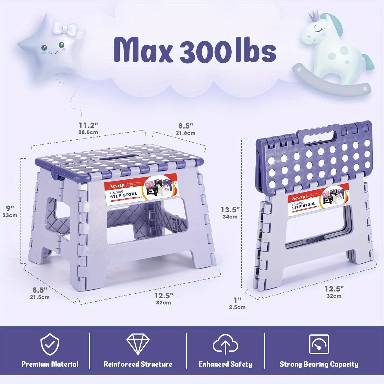 9 Inch Heavy-Duty 300 LB Capacity Foldable Step Stool with Storage - Bicolor Purple Plastic Stepping Stool with Handle for Kitchen