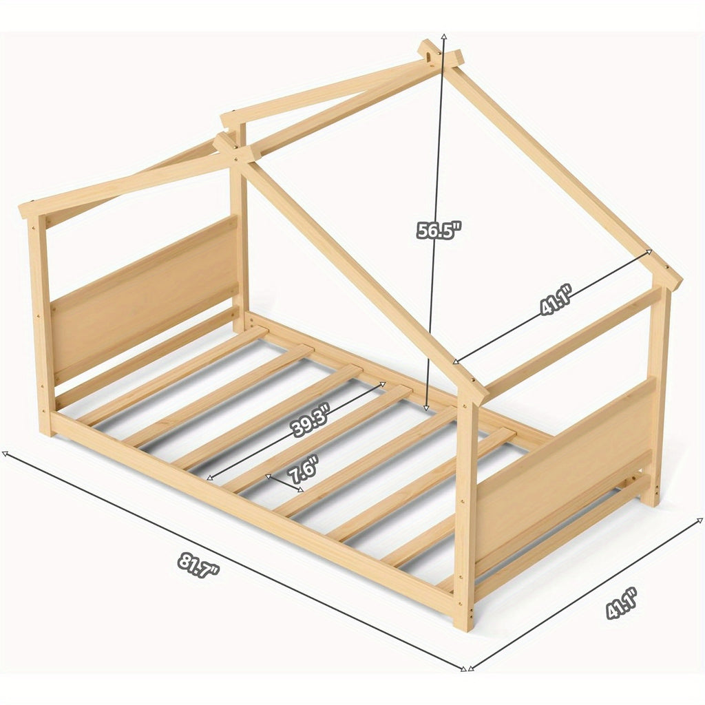 Twin Floor House Bed Frame with Headboard & Footboard - Sturdy Hardwood Construction, Space-Saving Floor Bed for Toddlers