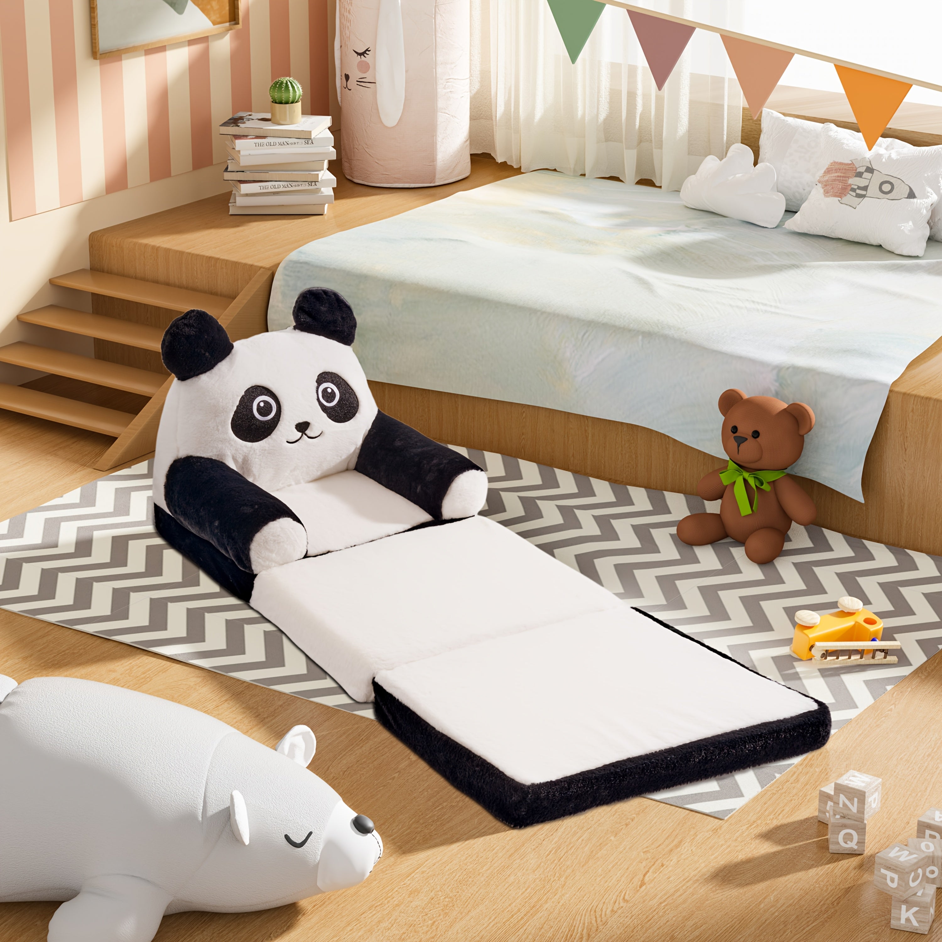 Kids Sofa Chair For, 2-in-1 Folding Soft Couch, Velvet Of Coral Washable Polyester\u002FMemory Foam