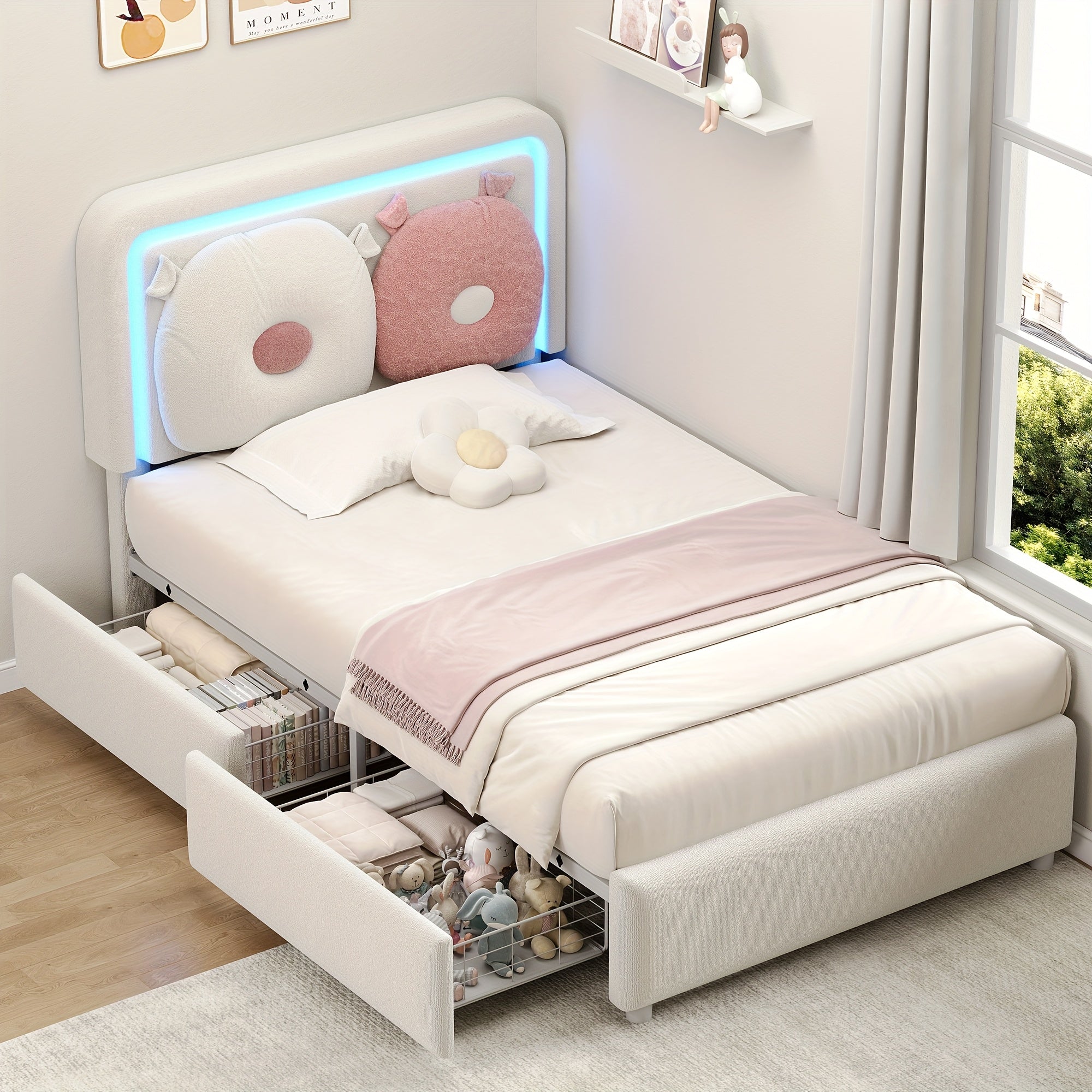 TWIN Size Fabric Bed Frame, with Two Storage Drawers, Detachable Headboard Pillows