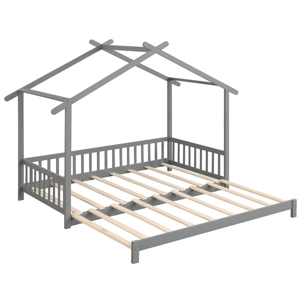 Versatile Extendable Youngsters' House Bed - Twin to King Size, with Roof & Safety Rails