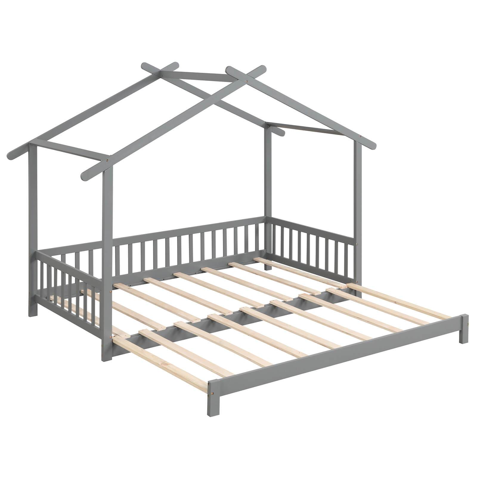 Versatile Extendable Youngsters' House Bed - Twin to King Size, with Roof & Safety Rails
