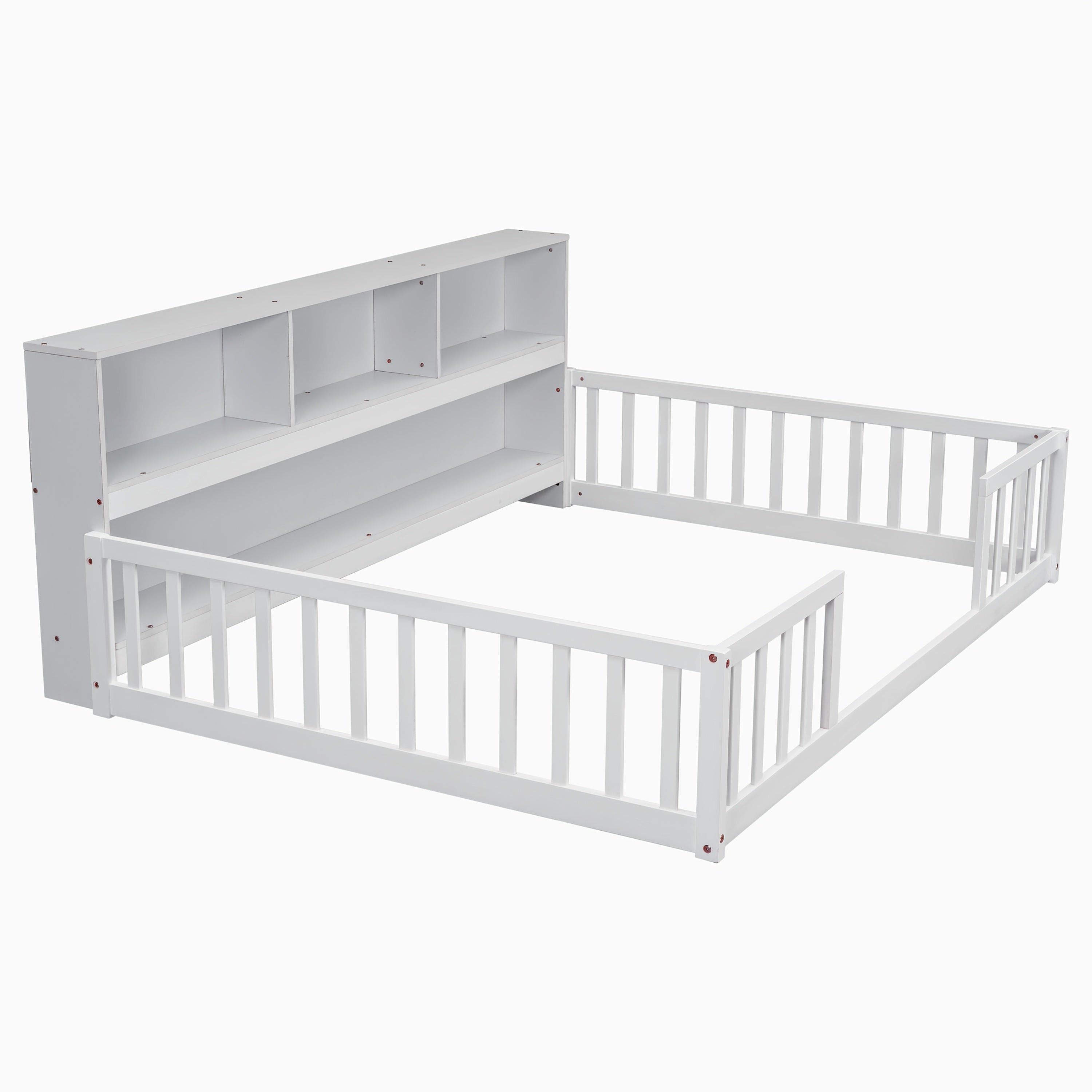 Bellemave Full Size Floor Bed with Bookcase & Shelves - Low-Profile Kids Bed with Safety Guardrails