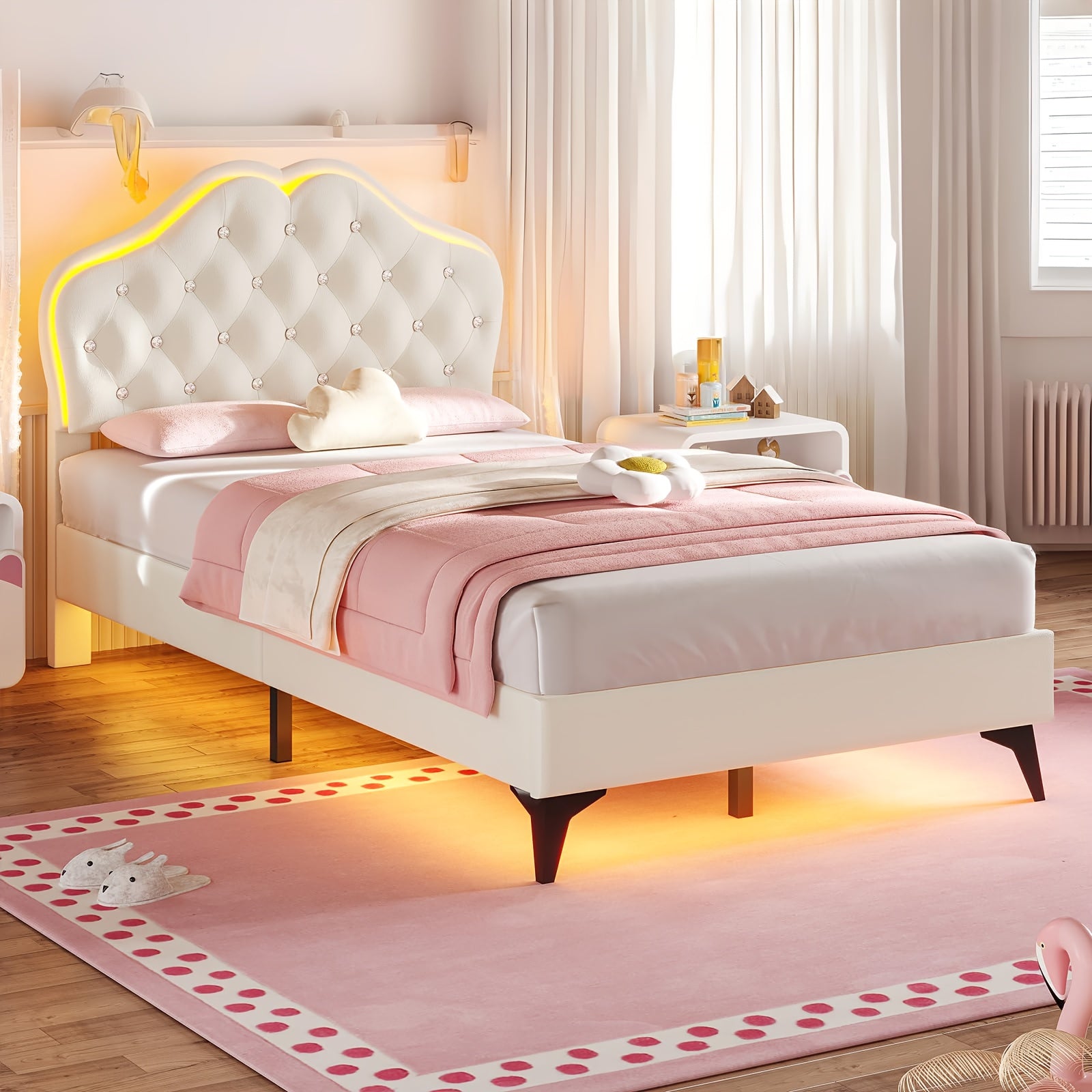 Princess Bed Frame with LED Modern Twin Size Princess Bed Frame with LED Lights Headboard & Crystal Buttons