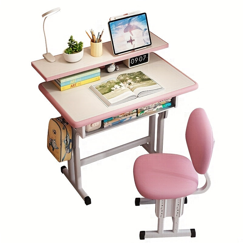 A Height-adjustable Children'S School Study Table And Chair Set, Ergonomically Designed, High-quality For Children