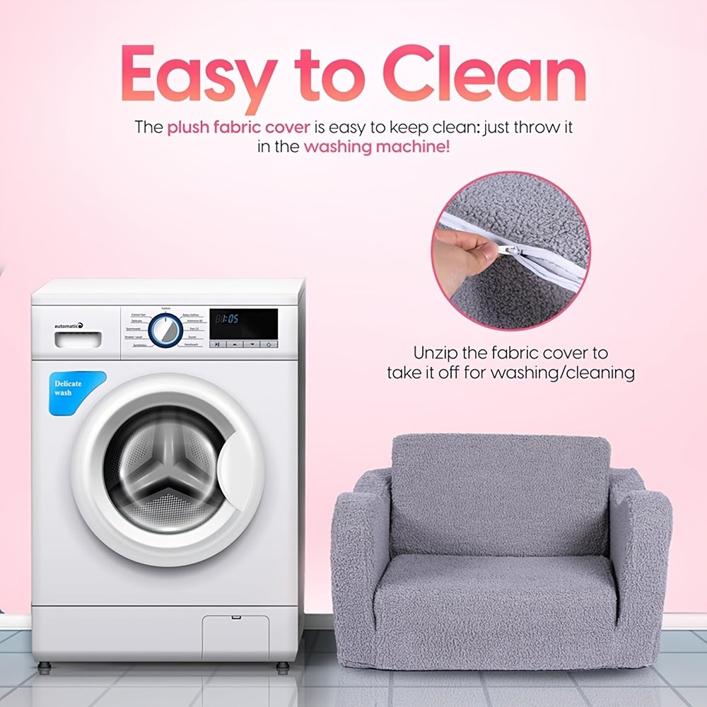 2-in-1 Convertible Sherpa Sofa to Recliner Chair - Soft Plush Gray\u002FPink\u002FWhite Youngsters Lounge Chair with Storage Pocket