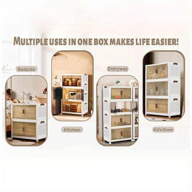 19.69inch Large Multi-Layer Storage Cabinet with Wheels & Doors - Heavy-Duty Plastic Organizer with Foldable Design