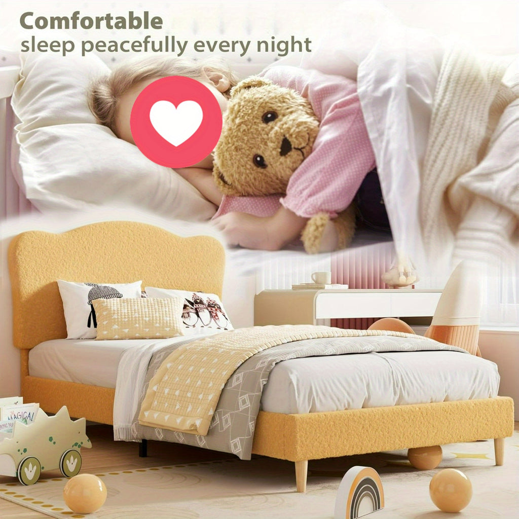 Twin Bed Frame for Youngest Cuties Littles Adult, Platform Bed Frame with Boucle Headboard