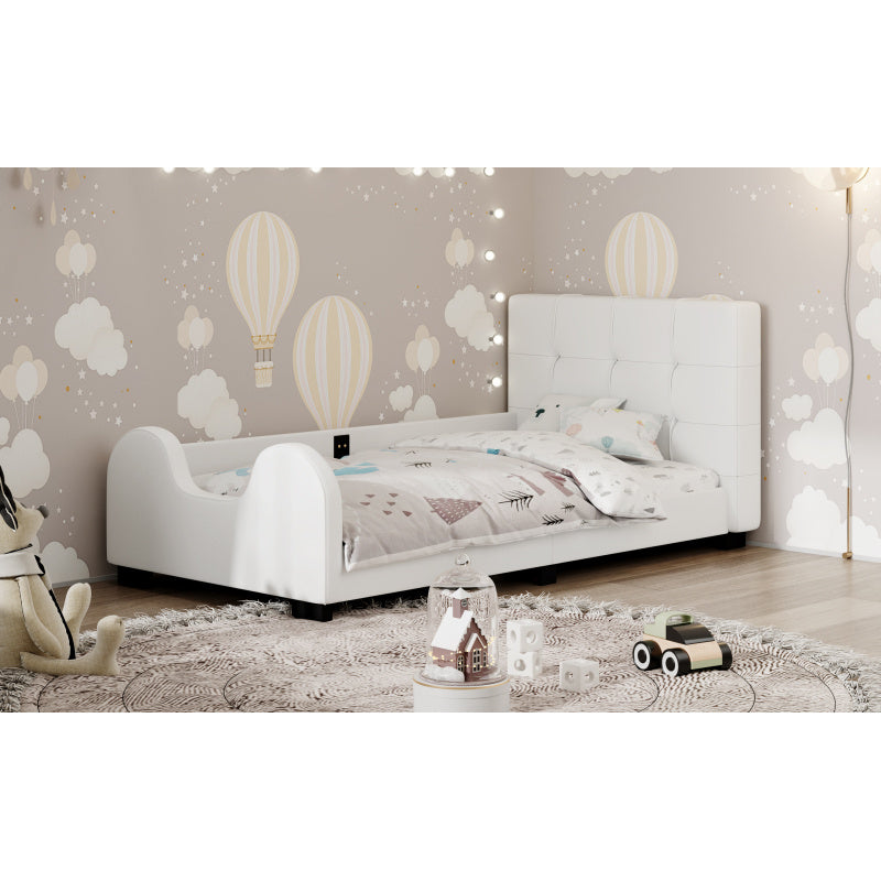 Twin Size Upholstered Platform Bed with Guardrail White