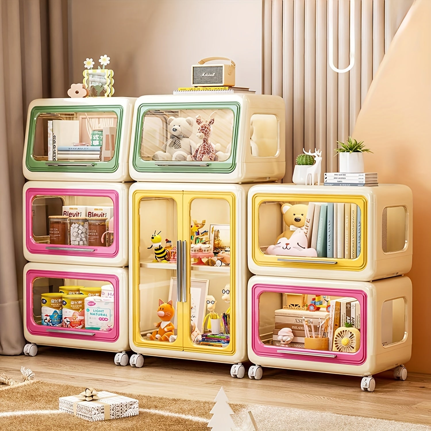 Rolling Storage Cabinet Stackable Plastic Organizer Bins with Transparent Doors & Wheels - Multifunctional Rolling Storage Cabinet in Soft Pastel Colors