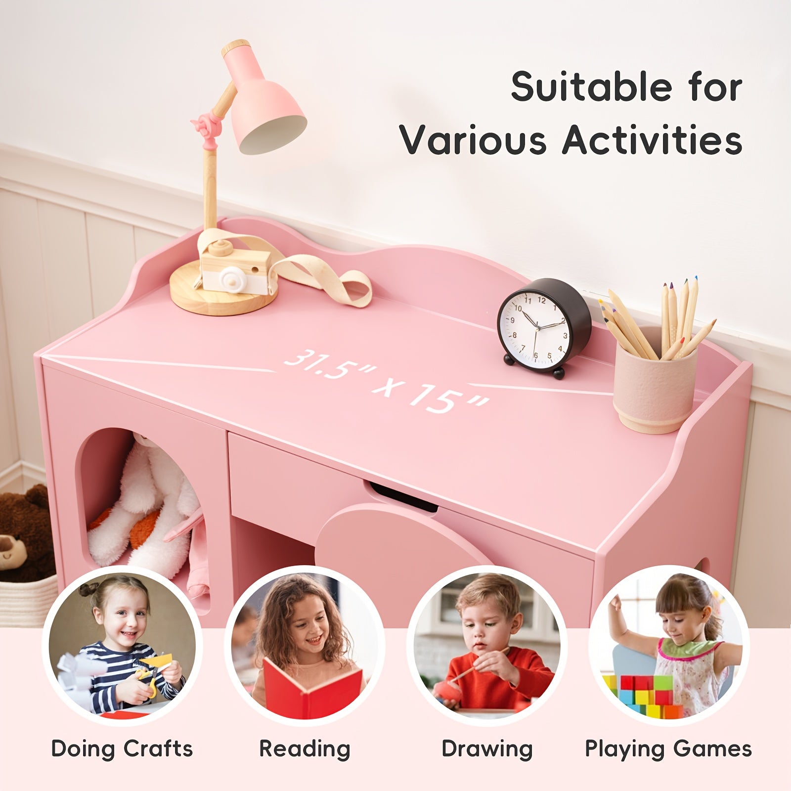 Pink Girls' Modern Study Table and Chair Set with Storage Shelf - Sturdy Hardwood Construction