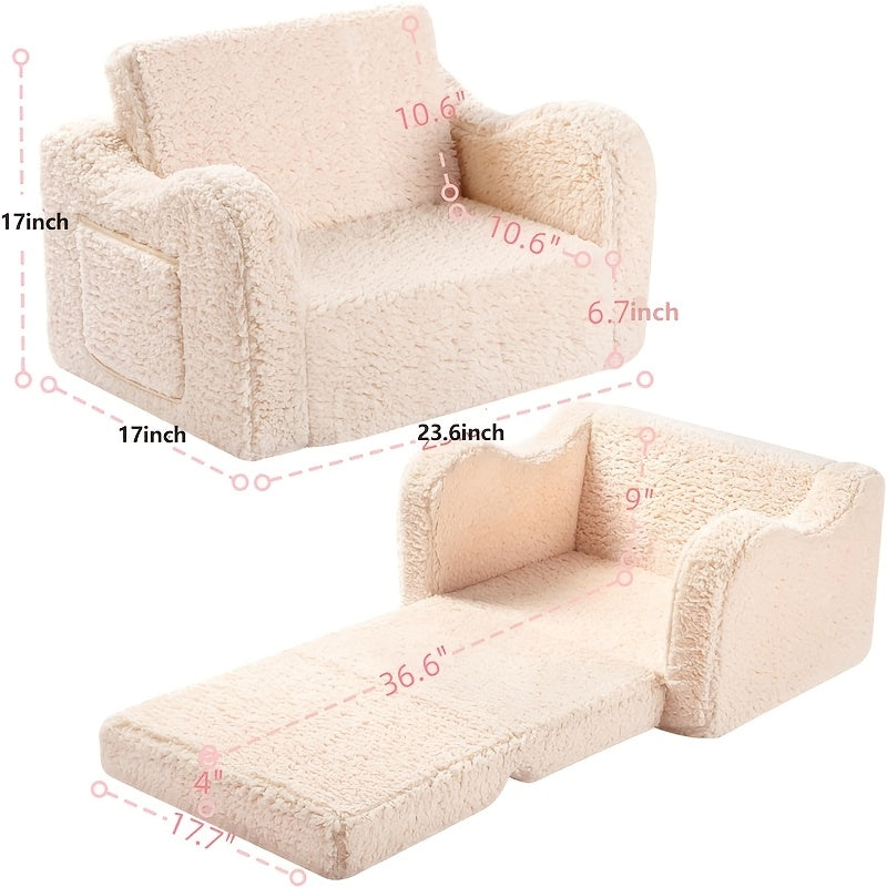 2-in-1 Convertible Sherpa Sofa to Recliner Chair - Soft Plush Gray\u002FPink\u002FWhite Youngsters Lounge Chair with Storage Pocket