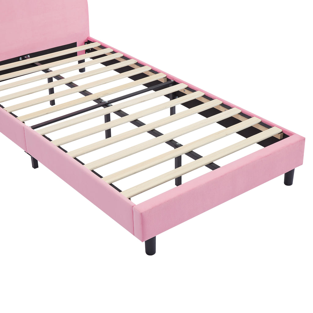 Twin Size Bed Frame with Upholstered Bunny Ears Headboard Wooden Slats Support No Boxing Spring Needed