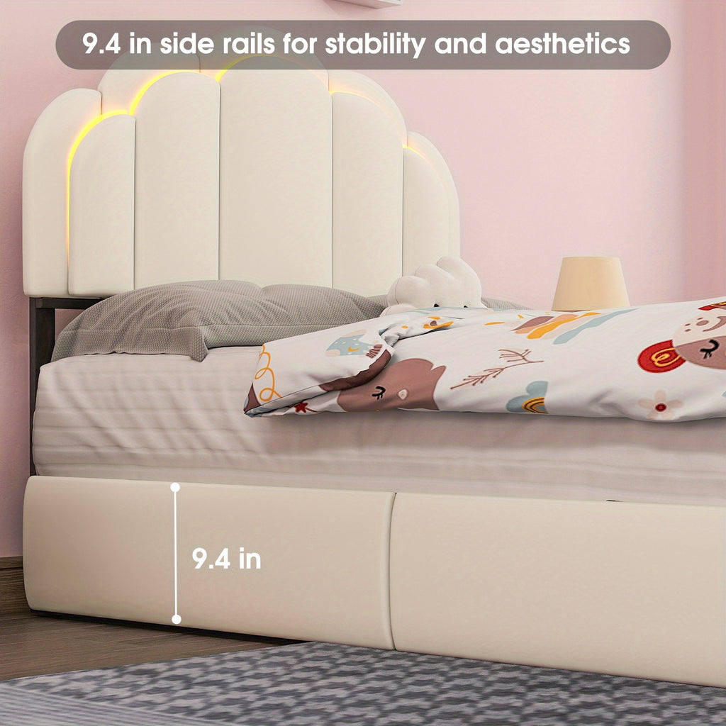 Twin\u002FFull Upholstered LED Bed Frame with Storage Drawer and Chic Double Wavy Headboard