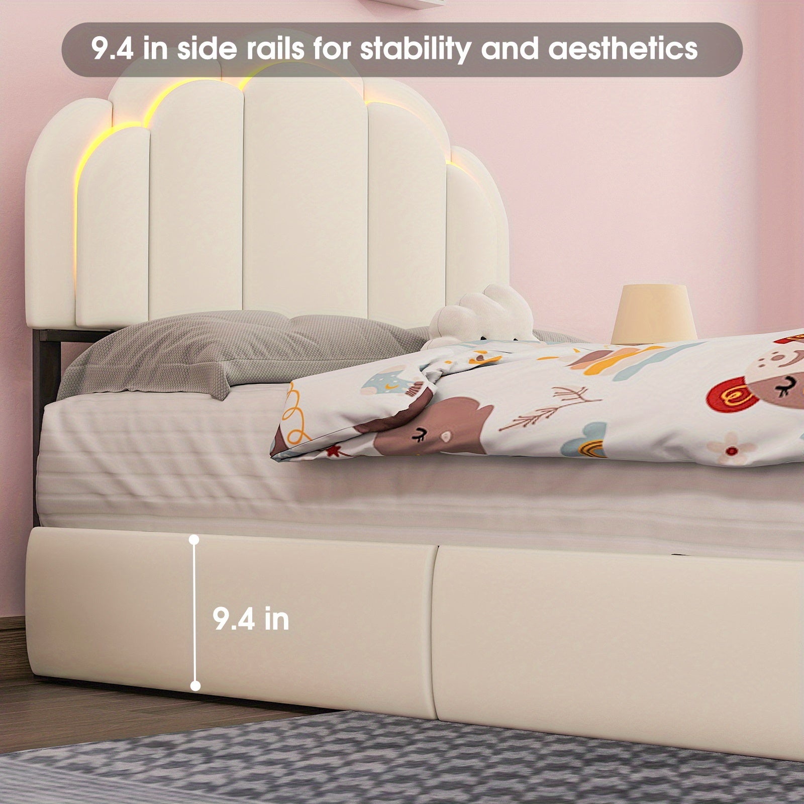 Twin\u002FFull Upholstered LED Bed Frame with Storage Drawer and Chic Double Wavy Headboard