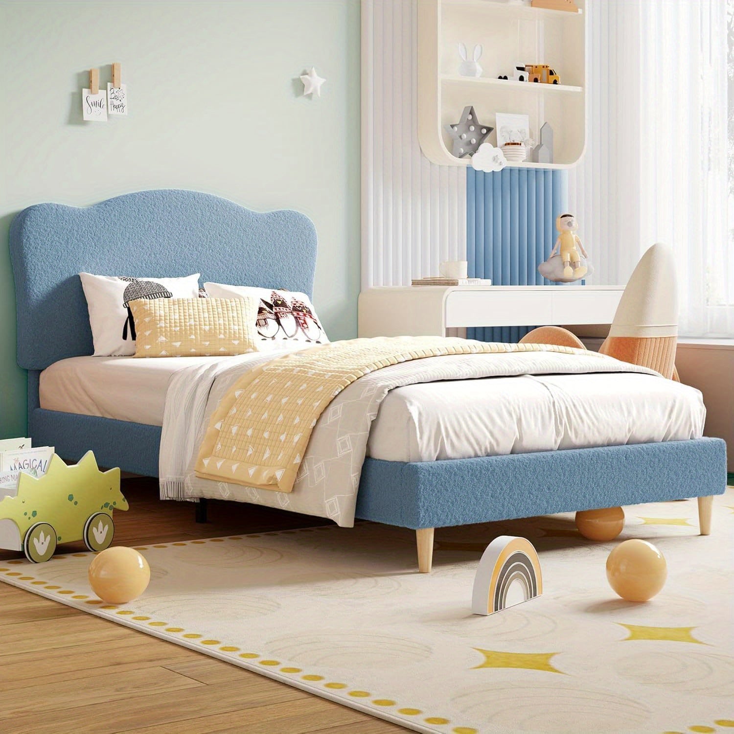 Twin Bed Frame for Youngest Cuties Littles Adult, Platform Bed Frame with Boucle Headboard