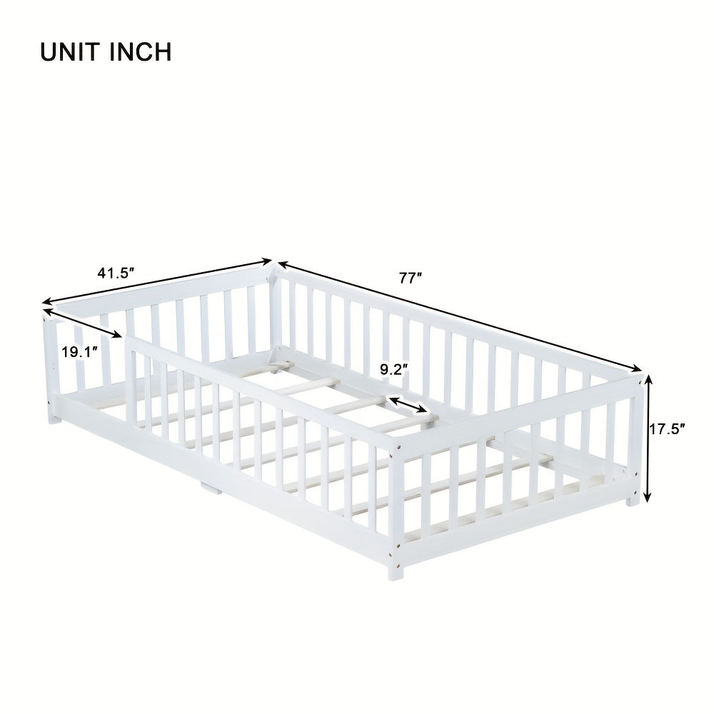 Twin Size Floor Bed with Safety Fence - Low-Profile Bed Frame, White & Wood Tone ( Brown)