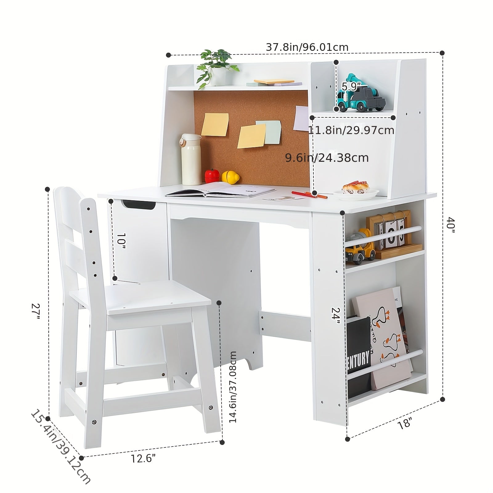Kids Study Desk and Chair Set with Storage - White Learning Table with Bookshelf, Cabinets & Adjustable Chair