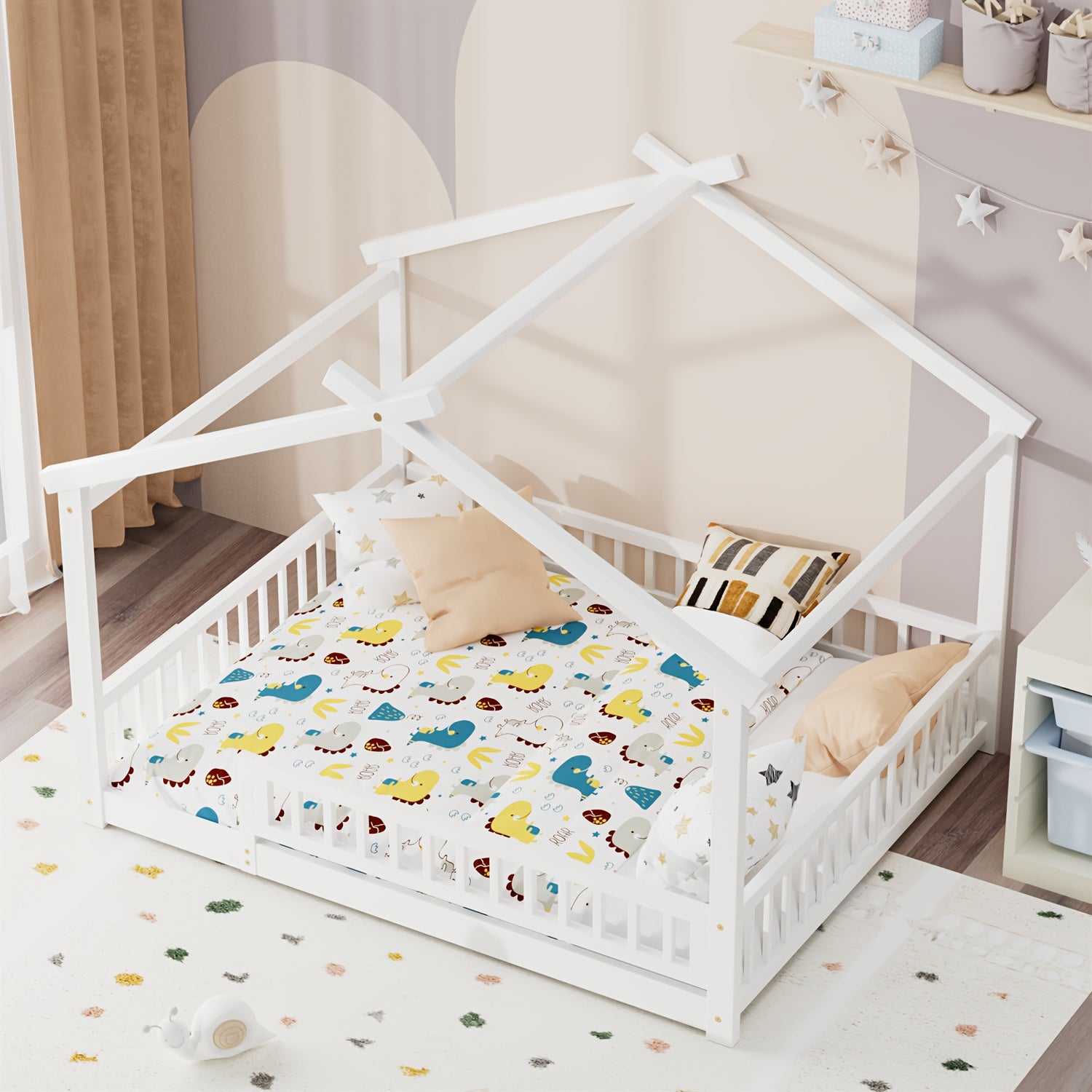 Full\u002FDouble Bed with Safety Rail, Wooden Cabin Bed for Bedroom Playroom, Easy to Assemble