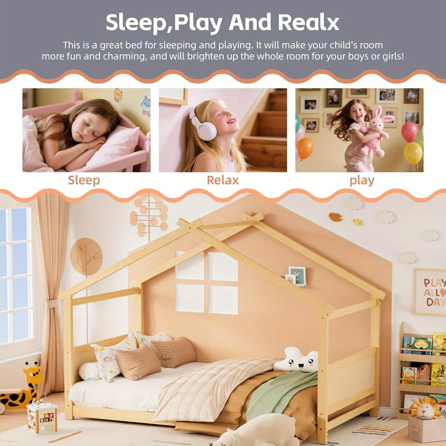 Twin Floor House Bed Frame with Headboard & Footboard - Sturdy Hardwood Construction, Space-Saving Floor Bed for Toddlers