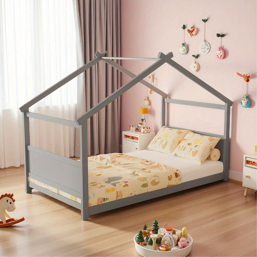 Twin Floor House Bed Frame with Headboard & Footboard - Sturdy Hardwood Construction, Space-Saving Floor Bed for Toddlers