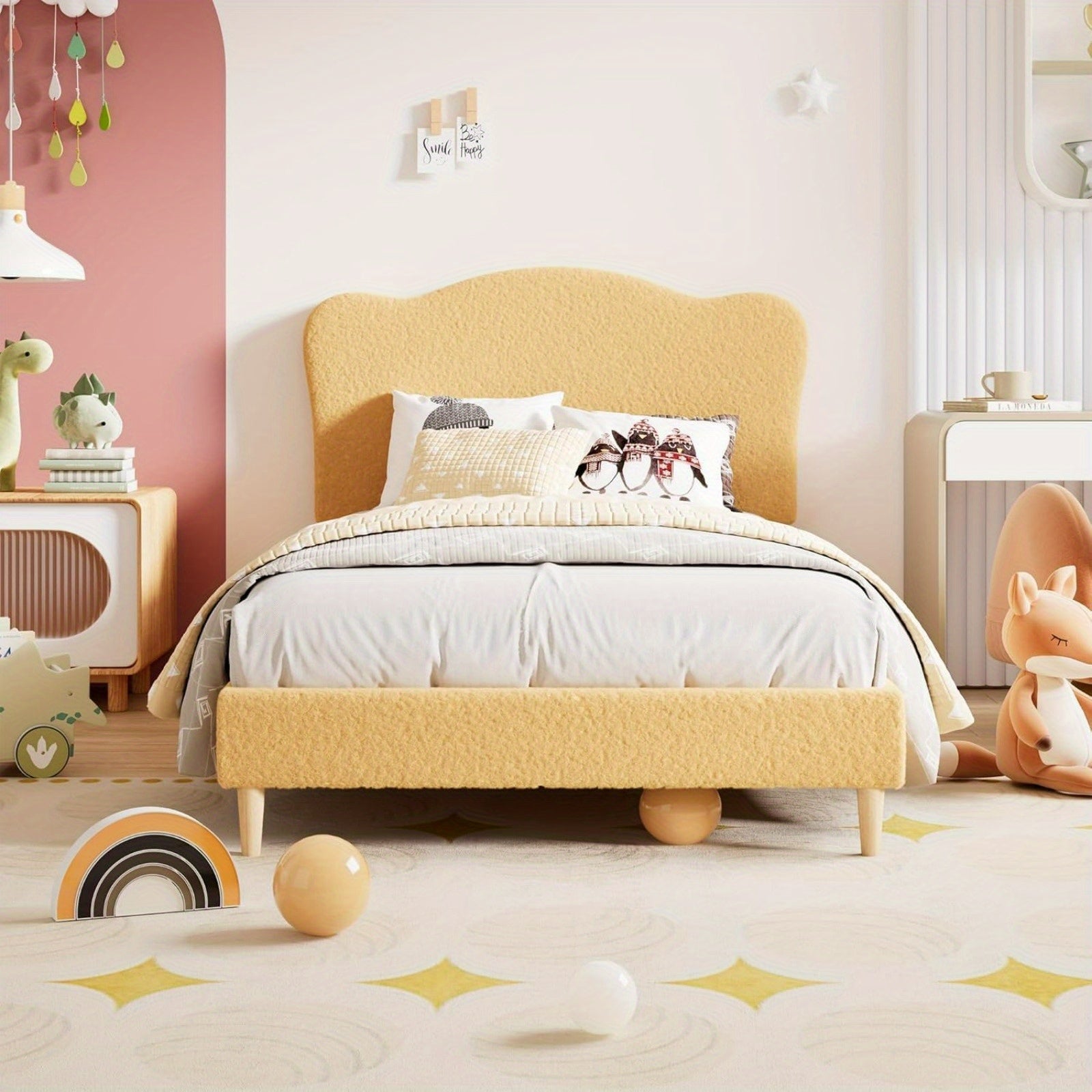 Twin Bed Frame for Youngest Cuties Littles Adult, Platform Bed Frame with Boucle Headboard