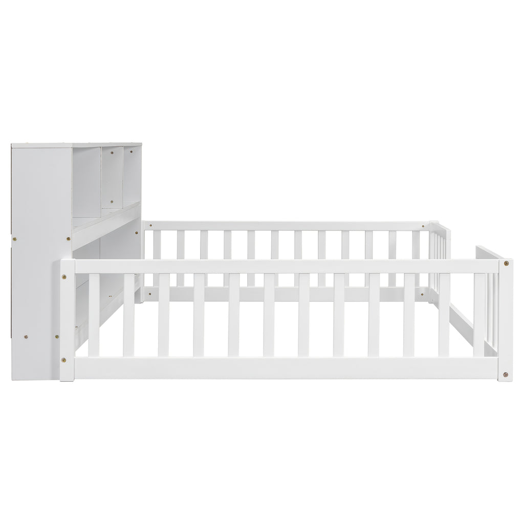Bellemave Full Size Floor Bed with Bookcase & Shelves - Low-Profile Kids Bed with Safety Guardrails
