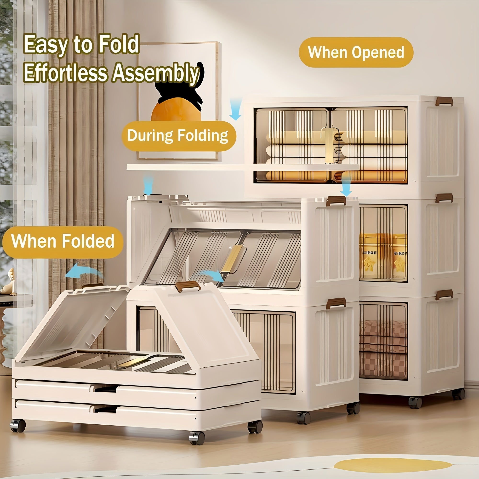 3\u002F4\u002F5 Tier Plastic Storage Bins with Lids - Extra Large Storage Cabinet, Collapsible Stackable Containers with Wheels