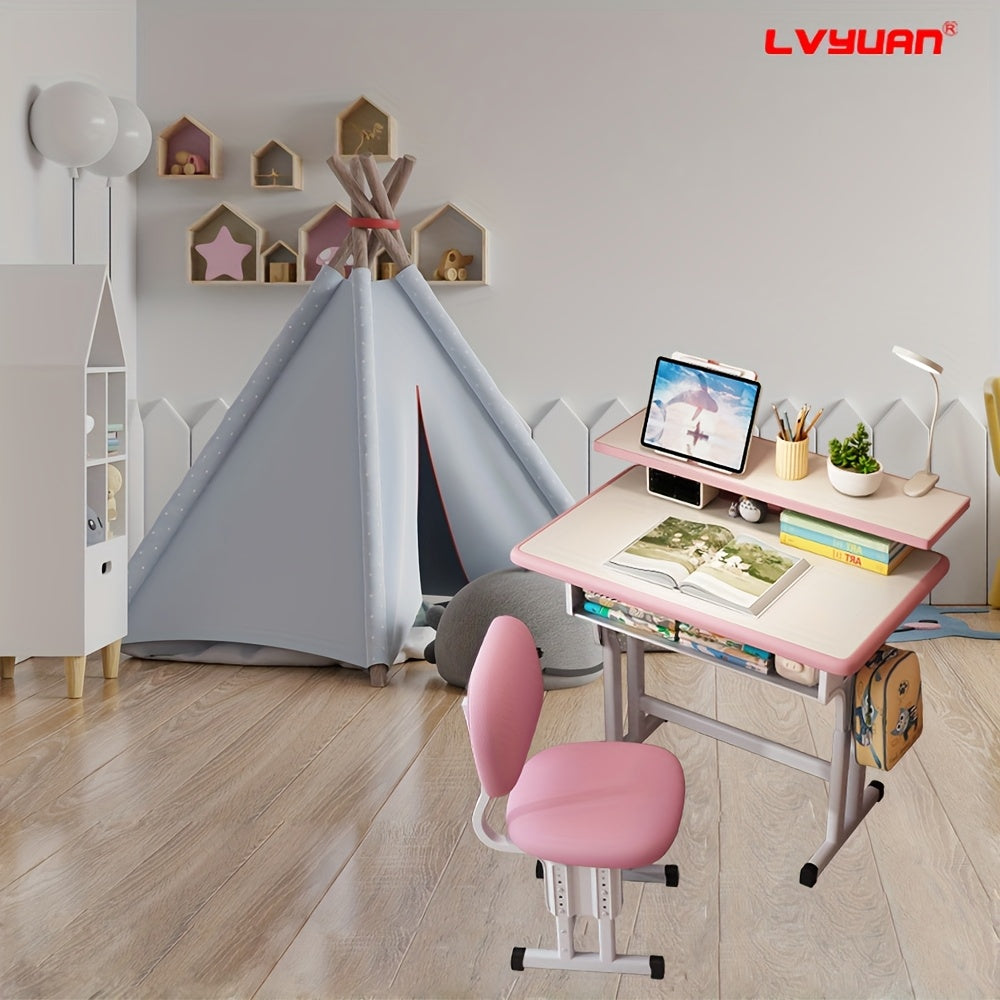 A Height-adjustable Children'S School Study Table And Chair Set, Ergonomically Designed, High-quality For Children