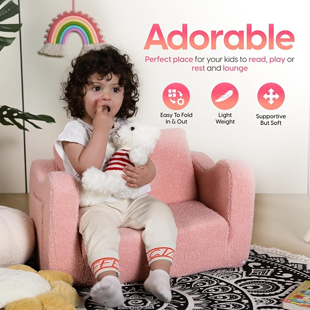 2-in-1 Convertible Sherpa Sofa to Recliner Chair - Soft Plush Gray\u002FPink\u002FWhite Youngsters Lounge Chair with Storage Pocket