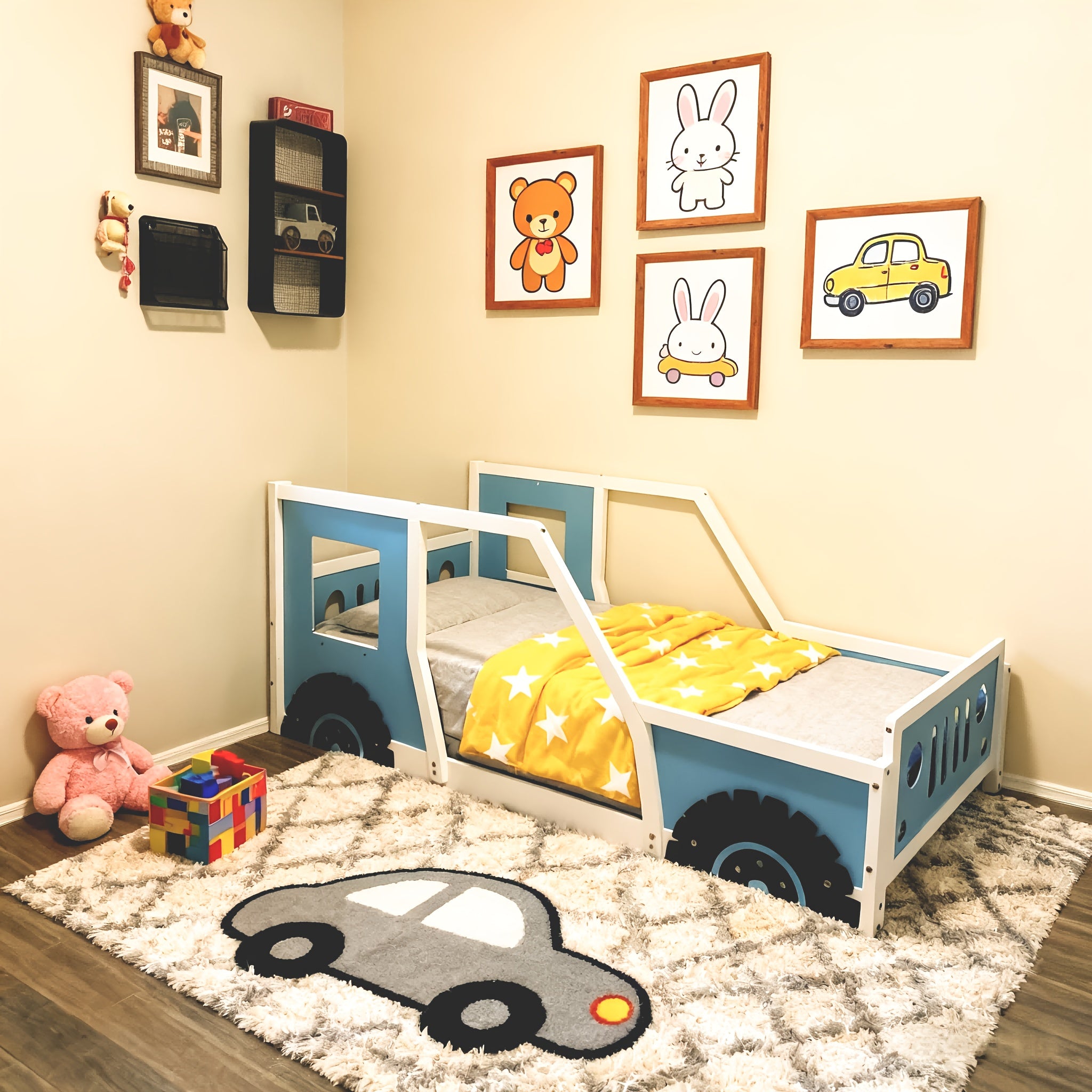 Bellemave Full Size Car Bed with Headboard & Footboard, 4-Side Rails - Sturdy Wood & MDF Construction