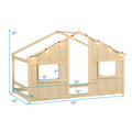 COSTWAY Twin Size House Bed with LED Lights - Slat-Free Floor Bed with Roof & Windows, Solid Wood Construction