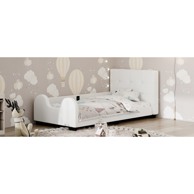 Twin Size Upholstered Platform Bed with Guardrail White