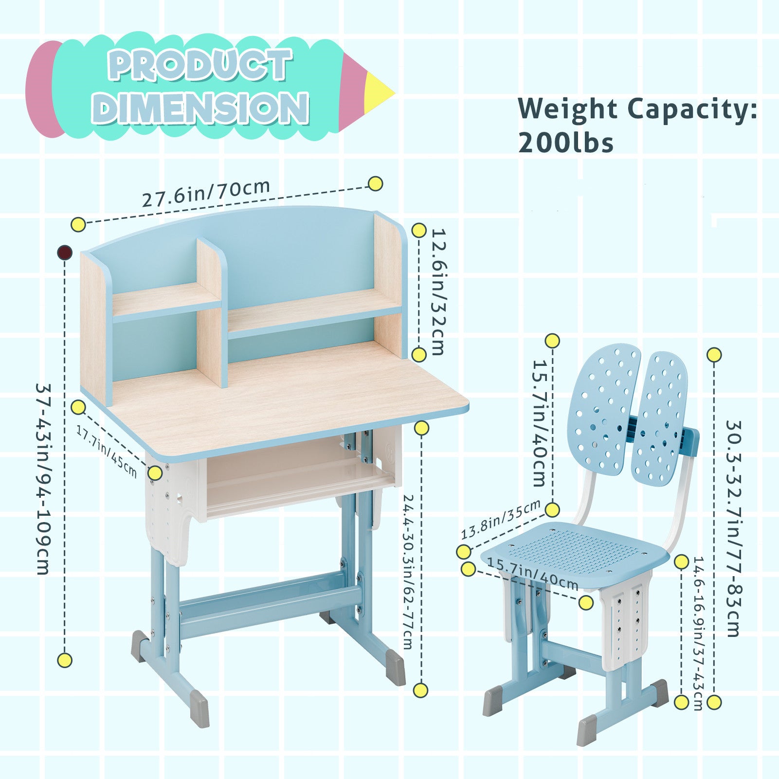 2Pcs\u002FSet Desk Chair Set, Adjustable Height School Leaning Table Chair Set with Drawer Design