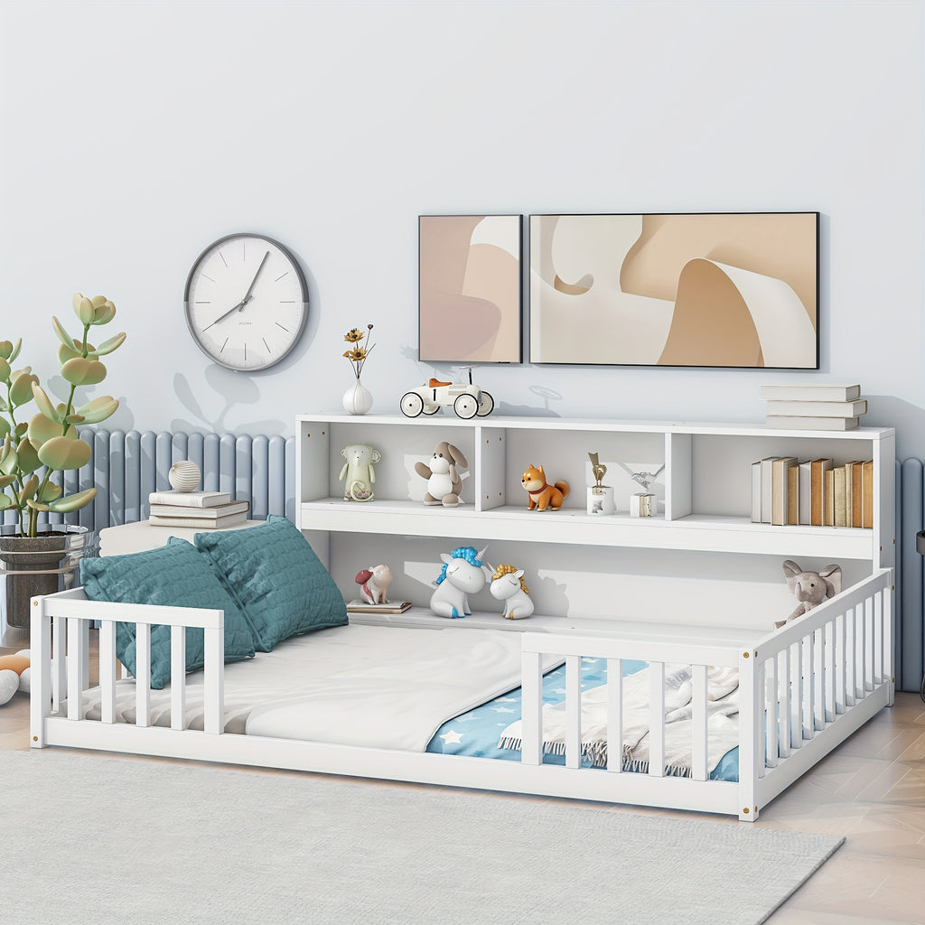 Bellemave Full Size Floor Bed with Bookcase & Shelves - Low-Profile Kids Bed with Safety Guardrails