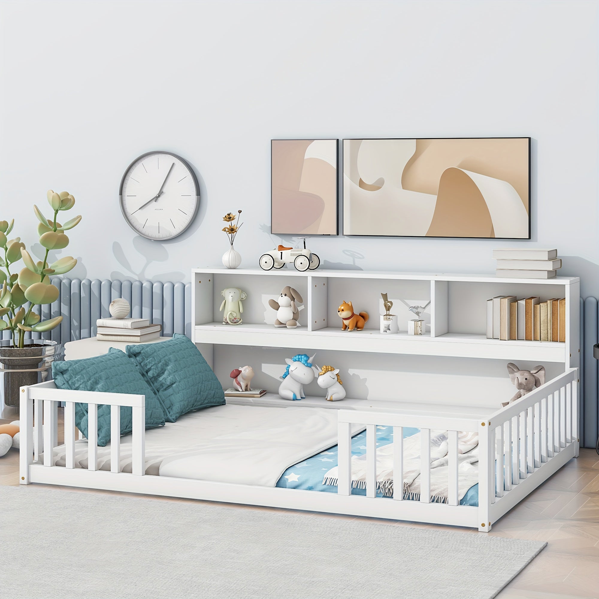 Bellemave Full Size Floor Bed with Bookcase & Shelves - Low-Profile Kids Bed with Safety Guardrails