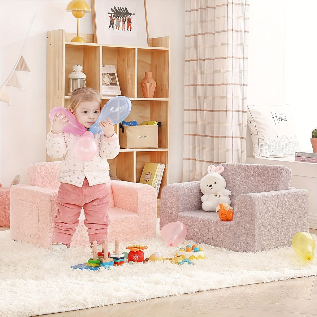 2-in-1 Convertible Sherpa Sofa to Recliner Chair - Soft Plush Gray\u002FPink\u002FWhite Youngsters Lounge Chair with Storage Pocket