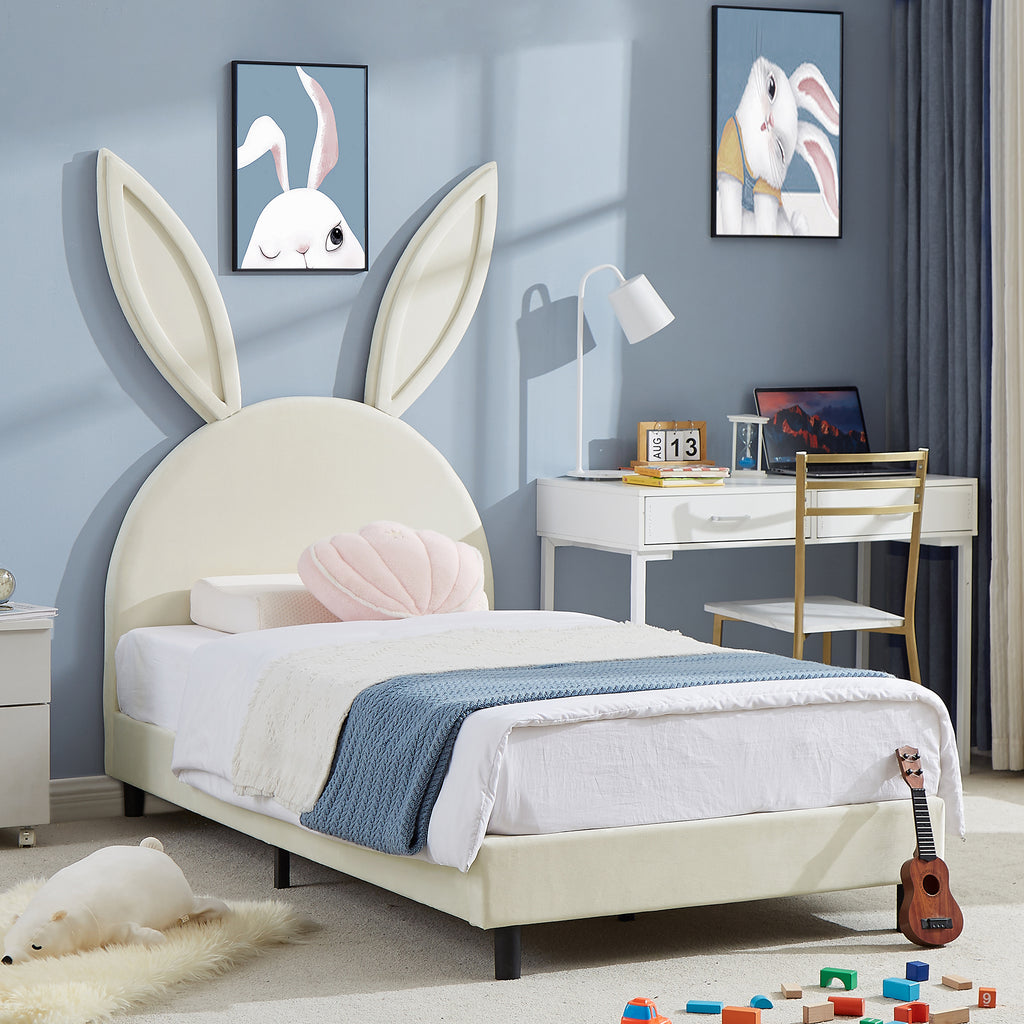 Twin Size Bed Frame with Upholstered Bunny Ears Headboard Wooden Slats Support No Boxing Spring Needed
