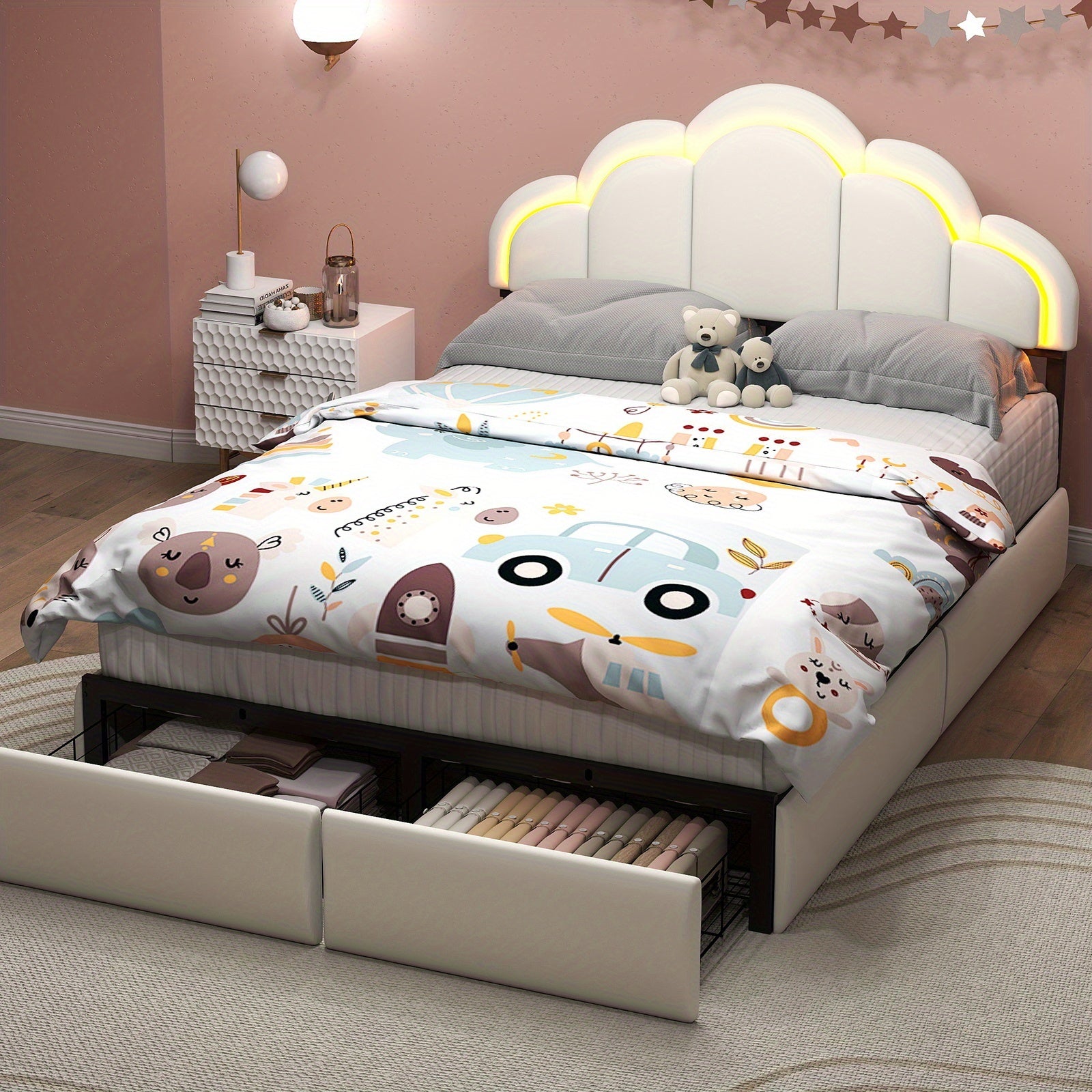 Twin\u002FFull Upholstered LED Bed Frame with Storage Drawer and Chic Double Wavy Headboard