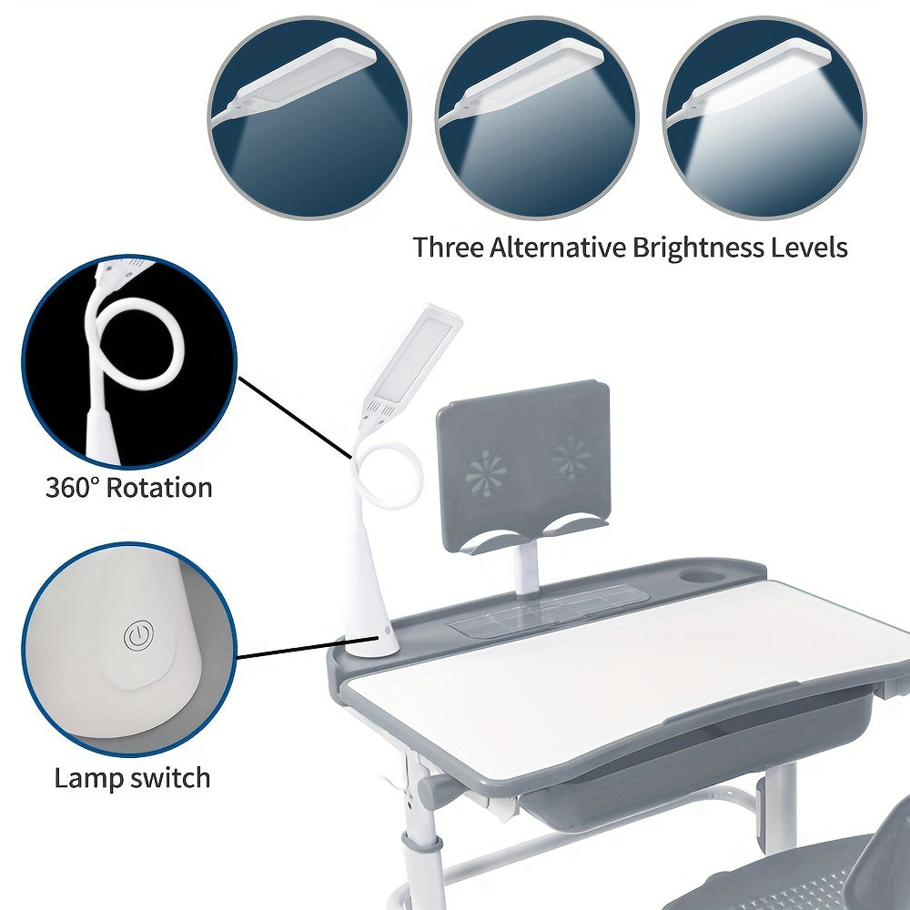 LVYUAN Kids Study Desk And Chair Set, Blue Metal, Height-Adjustable, Ergonomic, with Tilting Tabletop And Adjustable Lamp