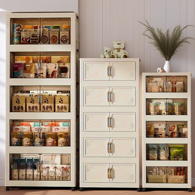 3-6 Tier Heavy-Duty Foldable Storage Cabinet with Wheels - Durable Plastic Organizer for Kitchen