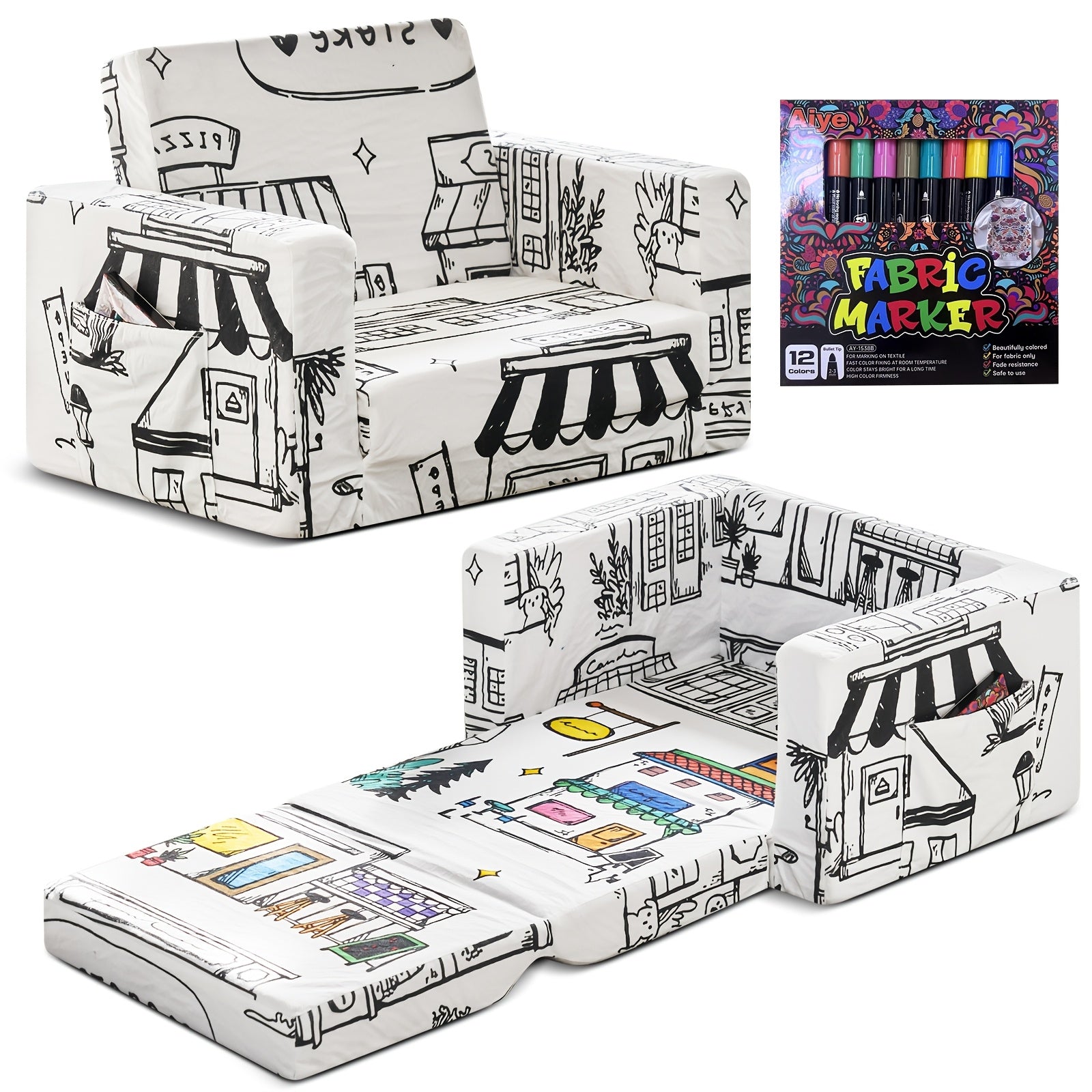 Kids Art Chair with 12 Washable Markers - Foldable Graffiti Furniture for Children, Doodle Creative Chair with Removable Cover