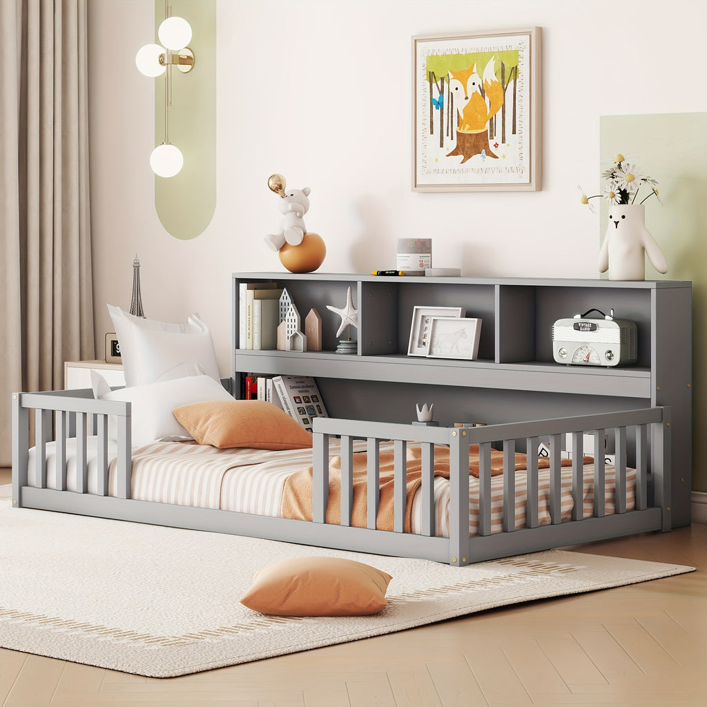 Bellemave Full Size Floor Bed with Bookcase & Shelves - Low-Profile Kids Bed with Safety Guardrails